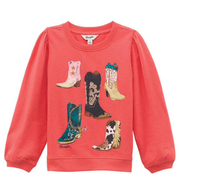 WRANGLER GIRLS LONG SLEEVE PINK BOOT COLLAGE WESTERN SWEATSHIRT