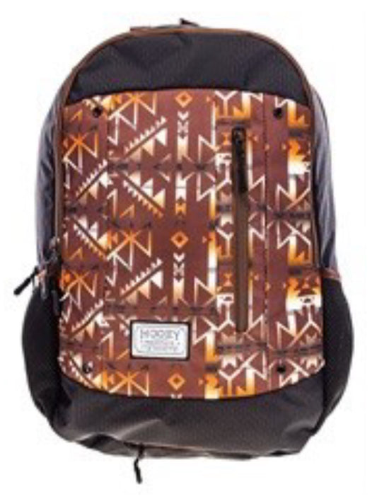 HOOEY ROCKSTAR BACKPACK-BROWN/TAN AZTEC PATTERN FRONT PANEL WITH BROWN ACCENTS