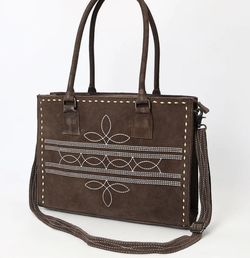 AMERICAN DARLING WESTERN STITCH GENUINE SUEDE TOTE BAG