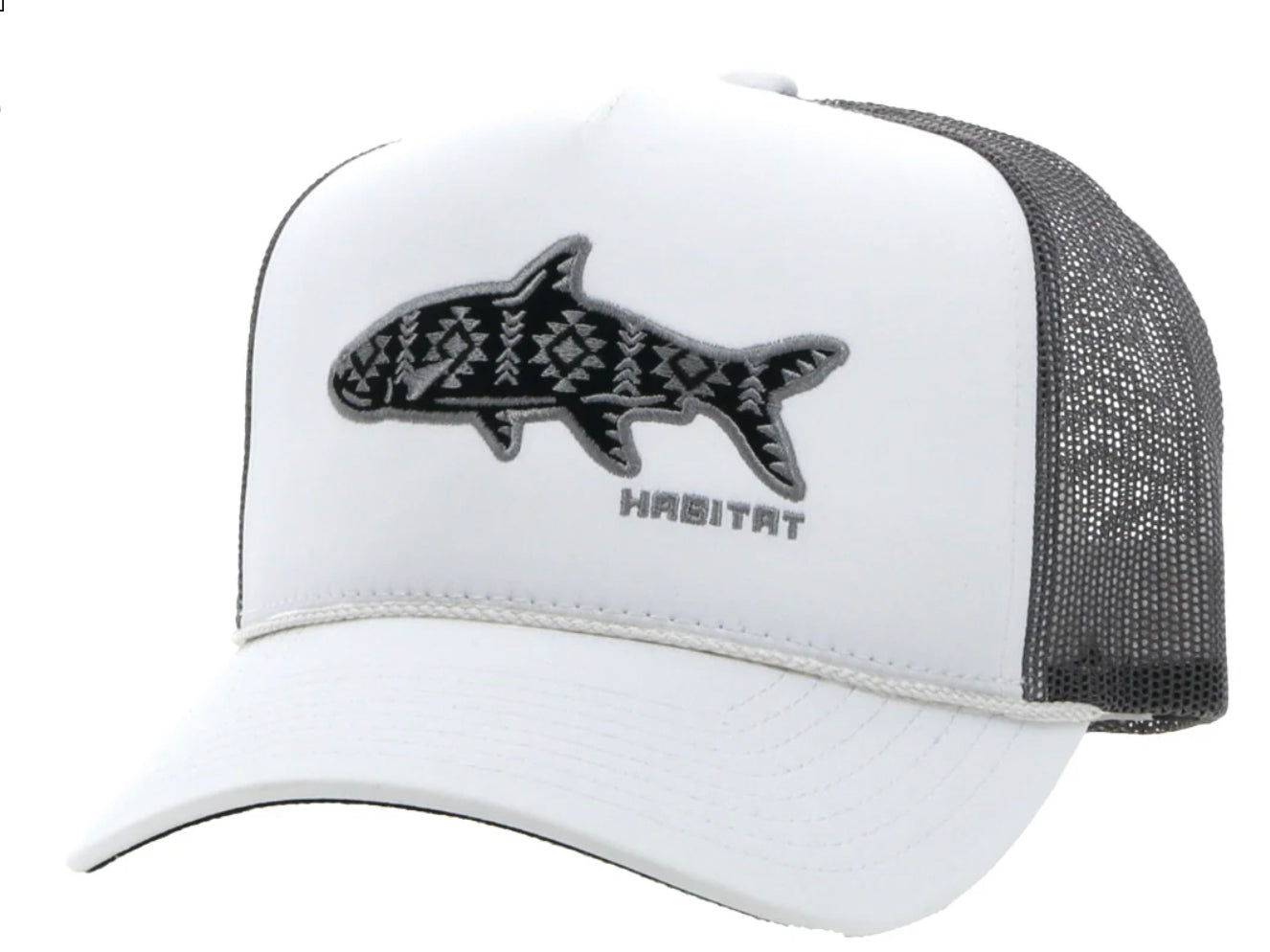 HOOEY HABITAT WHITE/GREY 5 PANEL TRUCKER WITH GREY/BLACK FISH STITCHING