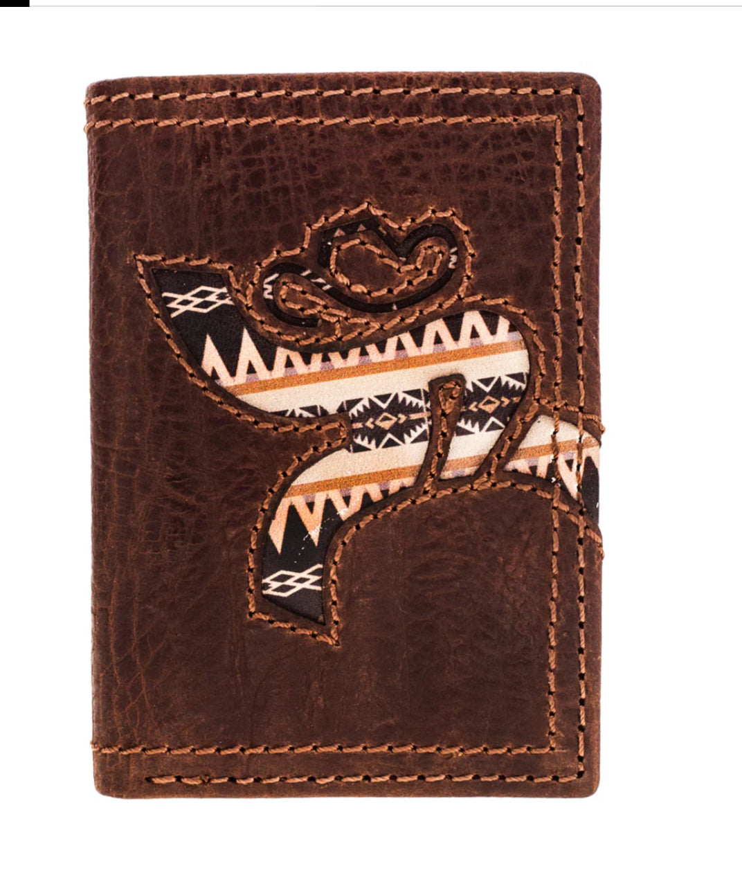 HOOEY STRAP ROUGHY LASER UT HANDS UP LEATHER TRIFOLD WALLET WITH AZTEC INLAY