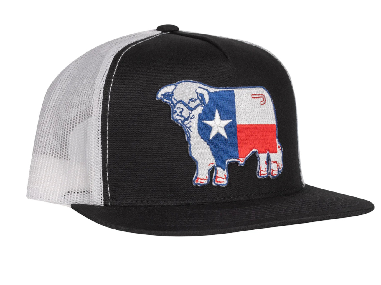 LAZY J RANCH BLACK & WHITE TEXAS FLAG BULL CLASSIC FIVE PANEL TRUCKER HAT