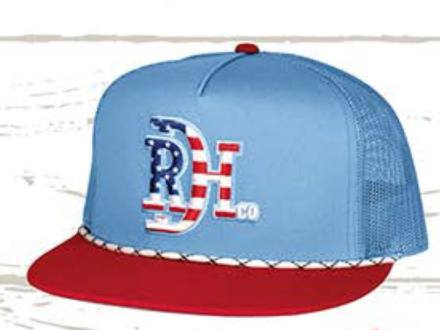 RED DIRT HAT CO 1776-BABY BLUE/BABY BLUE-RED FLAT BILL MULTI ROPE 5 PANEL SNAPBACK HAT