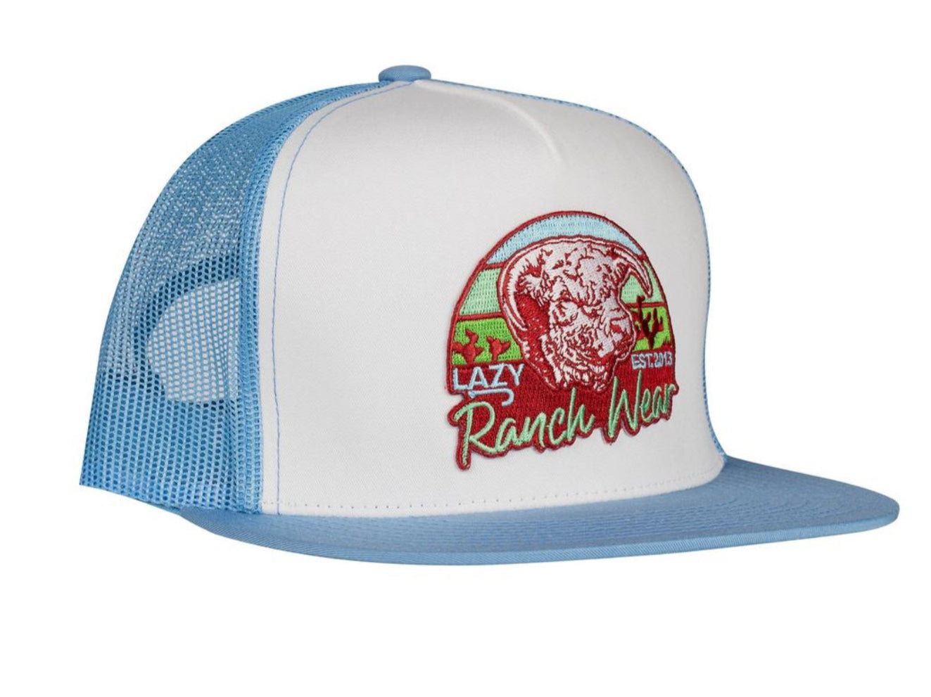 LAZY J RANCH WEAR WHITE & CAROLINA BLUE PRICKLY PEAR CLASSIC FIVE PANEL TRUCKER HAT