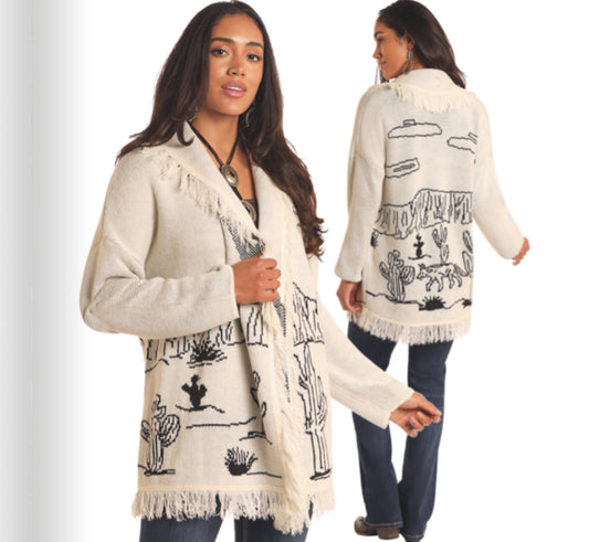 ROCK AND ROLL DENIM WOMENS FRINGED DESERTSCAPE SWEATER