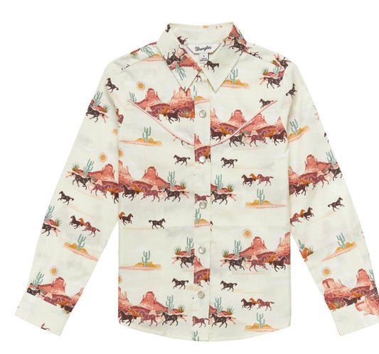 WRANGLER GIRLS WESTERN SNAP LONG SLEEVE DESERT PRINT SHIRT