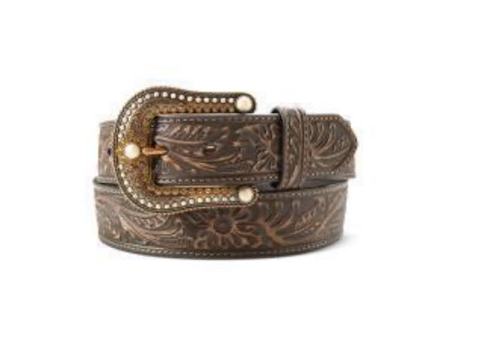 ARIAT LADIES BELT 1 1/2" FLORAL EMBOSSED BROWN