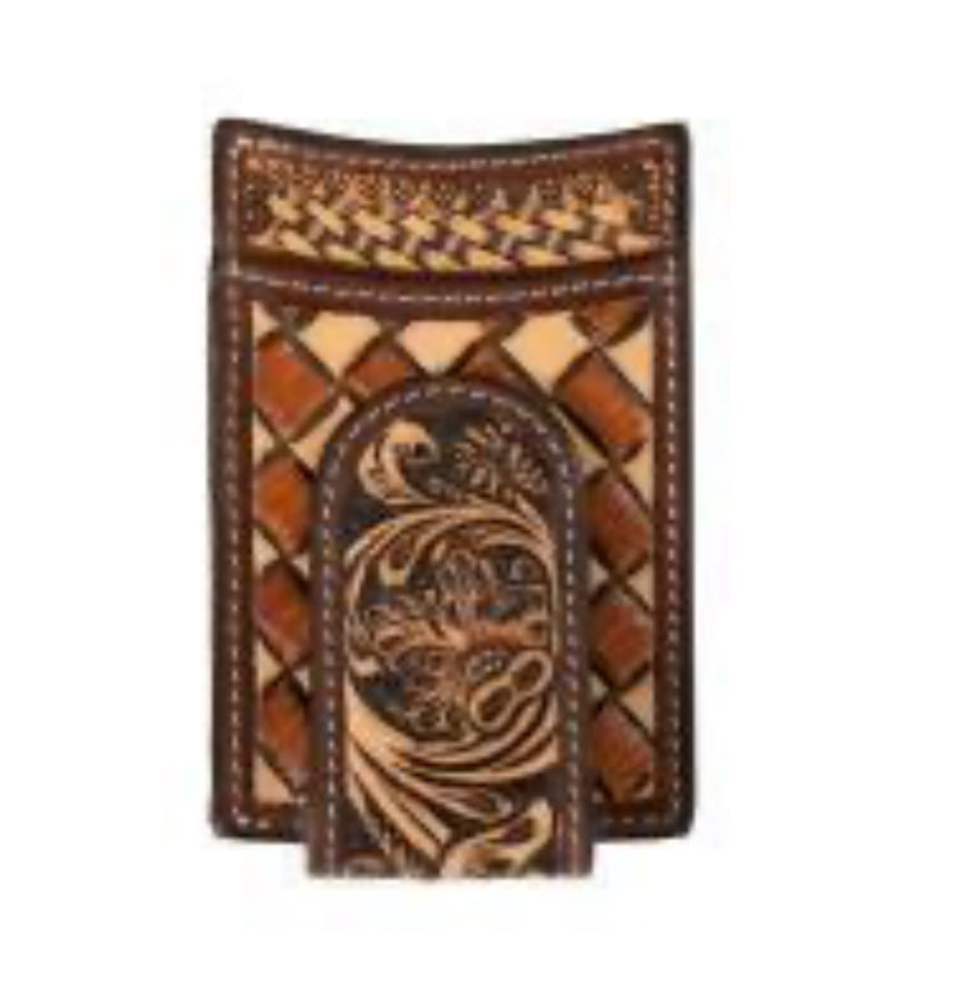 3D MENS MONEY CLIP STYLE WALLET HAND TOOLED FLORAL BASKETWEAVE TAN