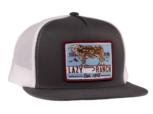 LAZY J RANCH GREY WHITE BULL TRAP PATCH CLASSIC FIVE PANEL TRUCKER HAT
