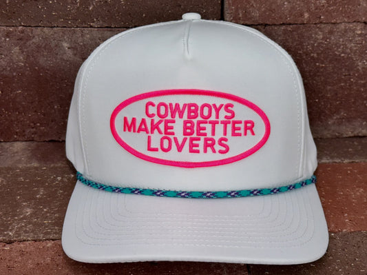 caCACTUS ALLEY HAT CO COWBOYS MAKE BETTER LOVERS WHITE/PURPLE TURQUOISE ROPE SNAPBACK CAP
