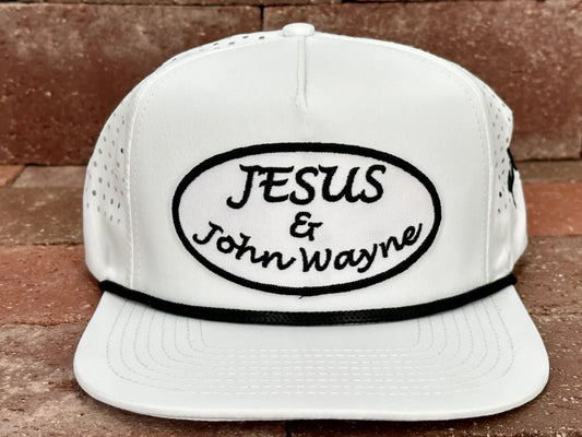 CACTUS ALLEY HAT CO JESUS & JOHN WAYNE WHITE LASER HOLES/BLACK ROPE SNAPBACK CAP