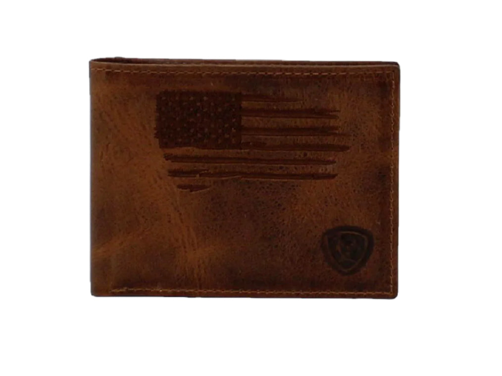 ARIAT MENS BIFOLD DISTRESSED STITCHED FLAG AND SHIELD WALLET