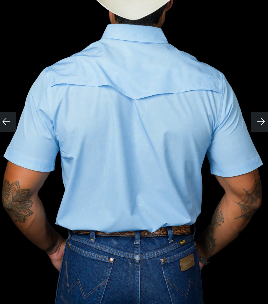FERRELL BRAND “THE CARSON” IN LIGHT BLUE-SHORT SLEEVE PEARL SNAP SHIRT