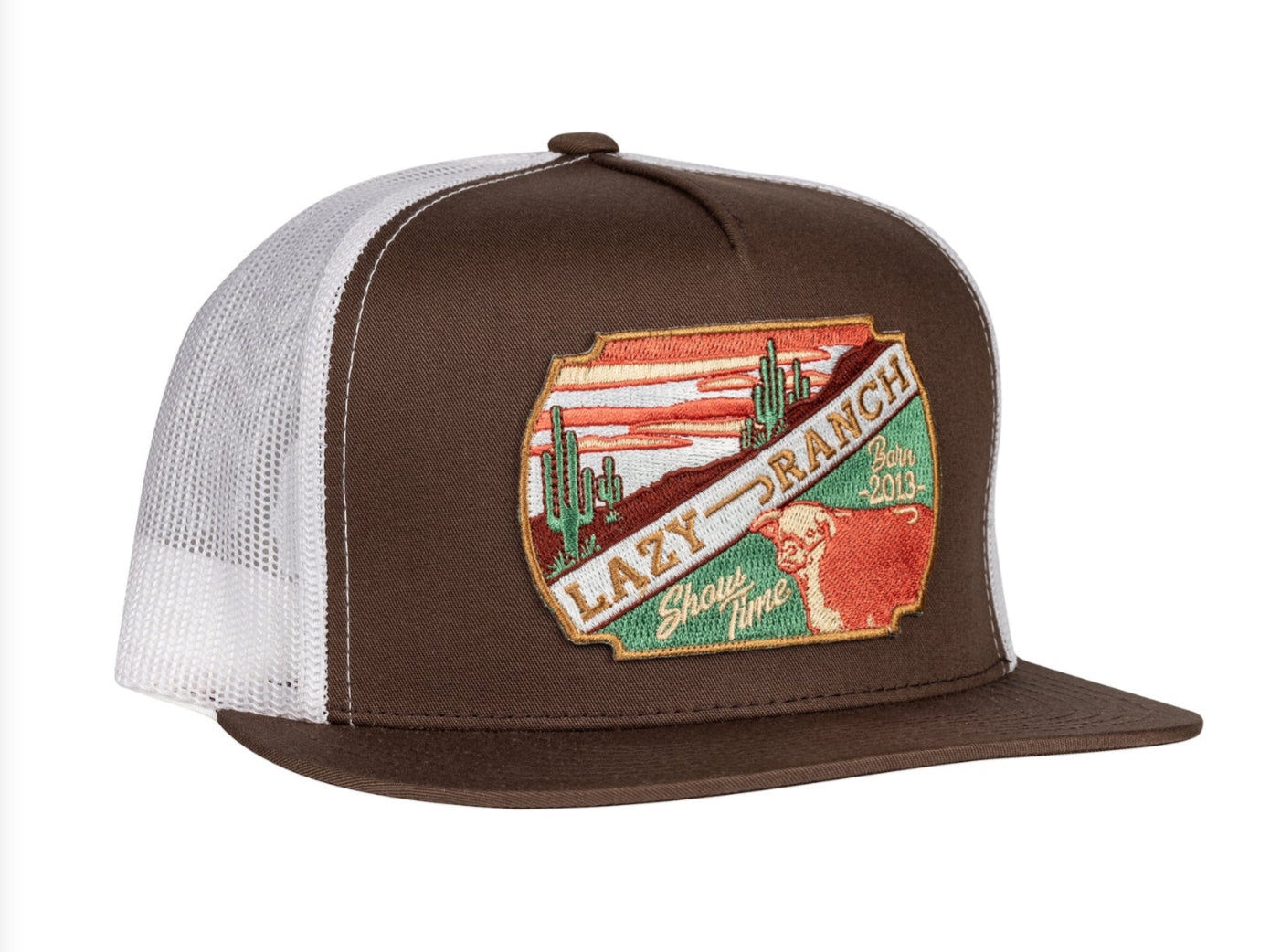 LAZY J RANCH BROWN & WHITE DESERT SHOW TIME CLASSIC FIVE PANEL TRUCKER HAT
