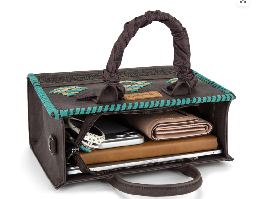 WRANGLER WHIPSTITCH AZTEC SATCHEL CROSSBODY WITH SCARF HANDLE