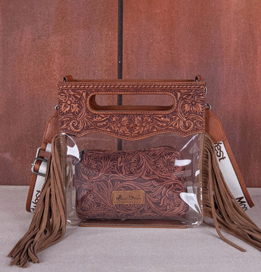 MONTANA WEST WESTERN FRINGE STADIUM CLEAR CROSSBODY BAG WITH DETACHABLE POUCH