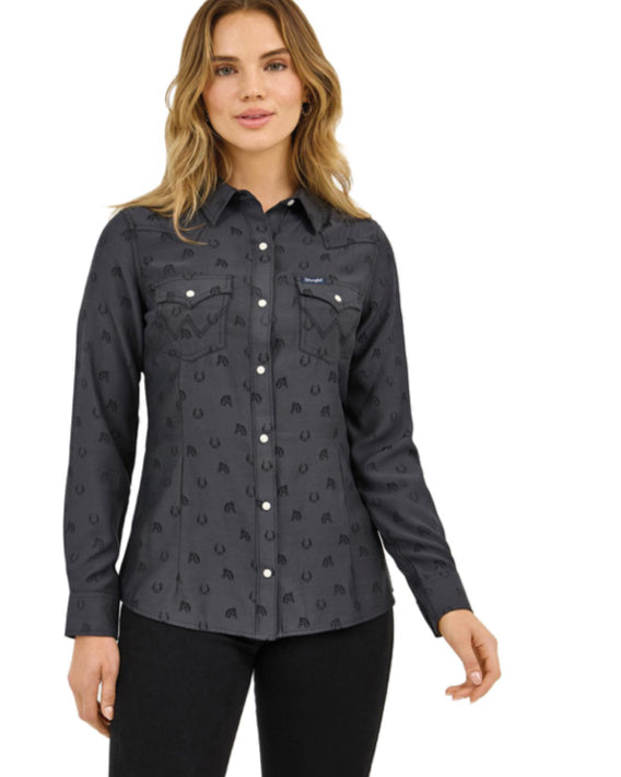 WRANGLER WOMENS LONG SLEEVE RETRO SNAP IN HORSESHOE PRINT