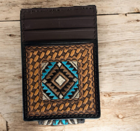 CIRCLE SH CARDHOLDER WITH BASKET WEAVE AND DIAMOND INLAY