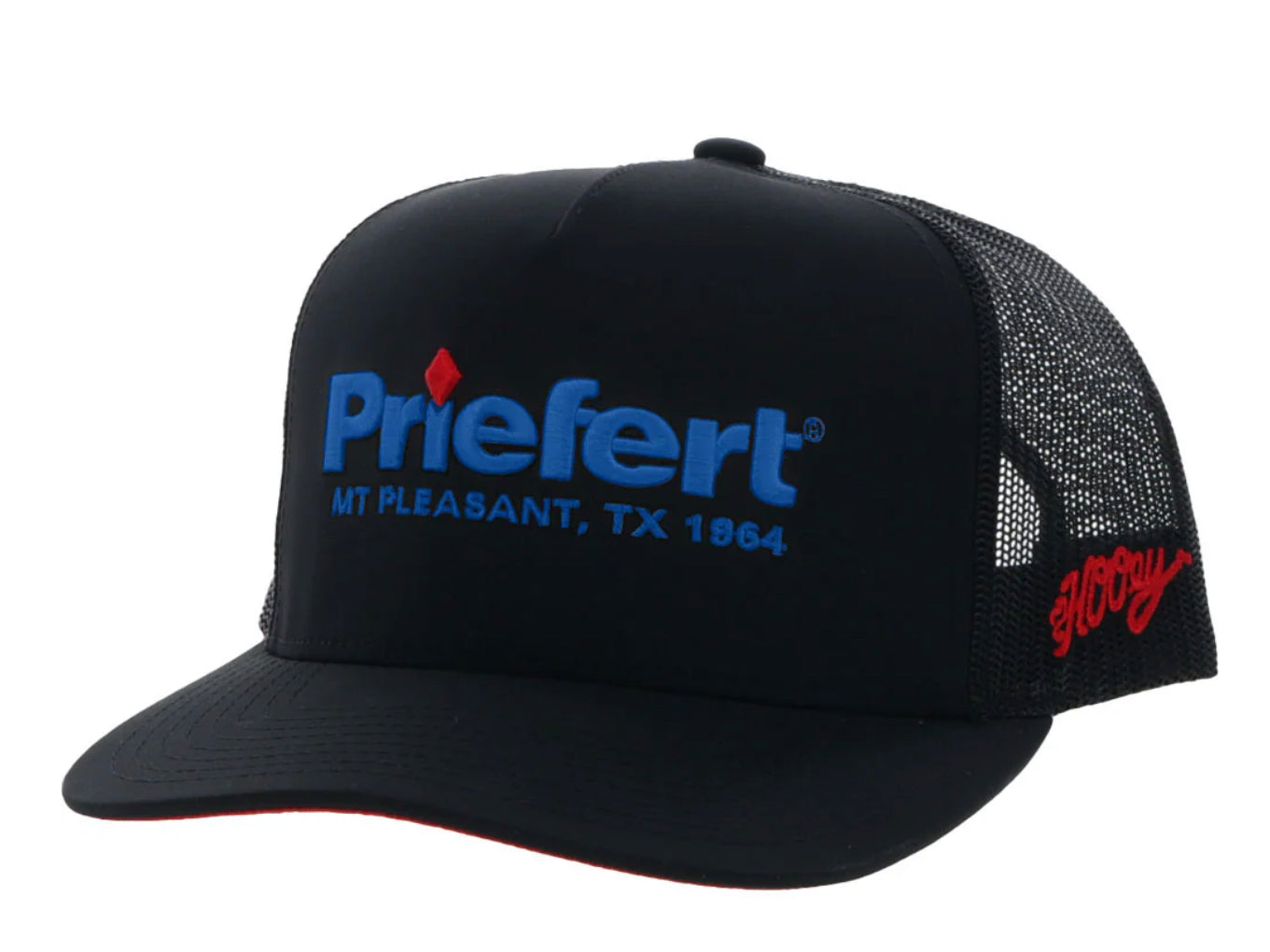 HOOEY PRIEFERT BLACK 5 PANEL TRUCKER WITH BLUE PRIEFERT LOGO