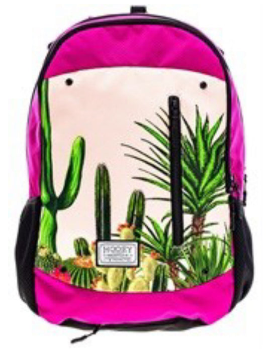 HOOEY ROCKSTAR BACKPACK-TAN CACTUS PATTERN FRONT PANEL WITH PINK ACCENTS