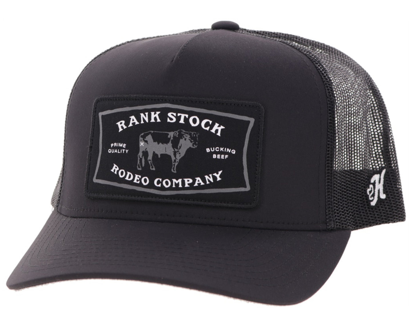 HOOEY RANK STOCK BLACK 5 PANEL TRUCKER WITH BLACK/WHITE RECTANGLE PATCH HAT