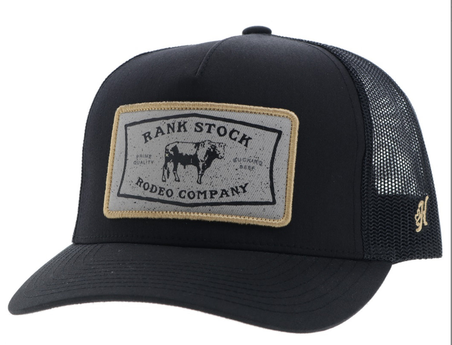HOOEY RANK STOCK YOUTH BLACK 5 PANEL TRUCKER WITH YELLOW/WHITE/BLACK RECTANGLE PATCH