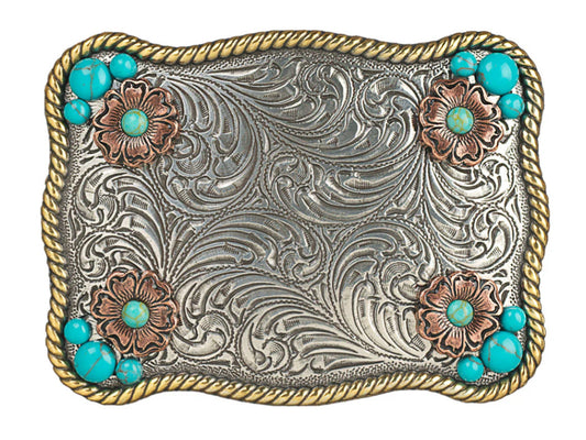 BLAZIN ROXX RECTANGLE FLOWER ACCENT TURQUOISE ACCENT STONES BELT BUCKLE
