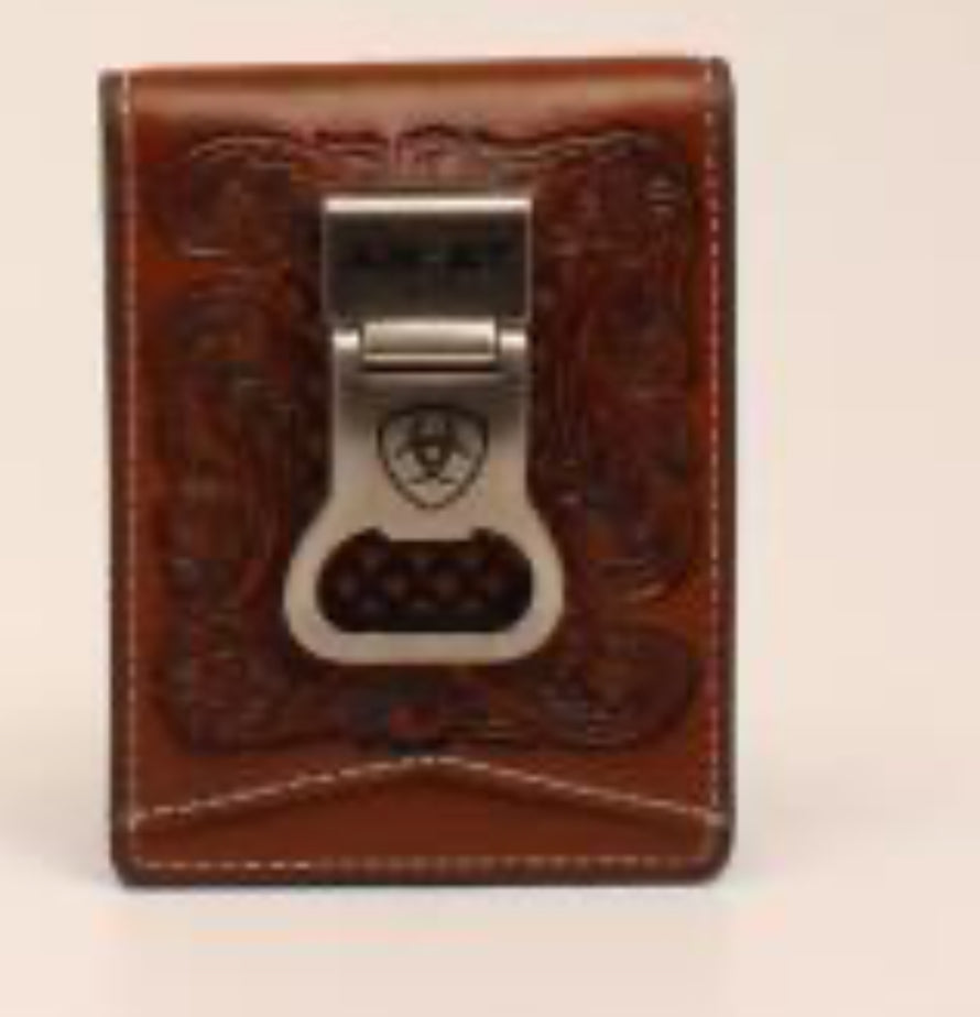 ARIAT BIFOLD MONEY CLIP BASKET WEAVE FLORAL EMBOSSED TAN