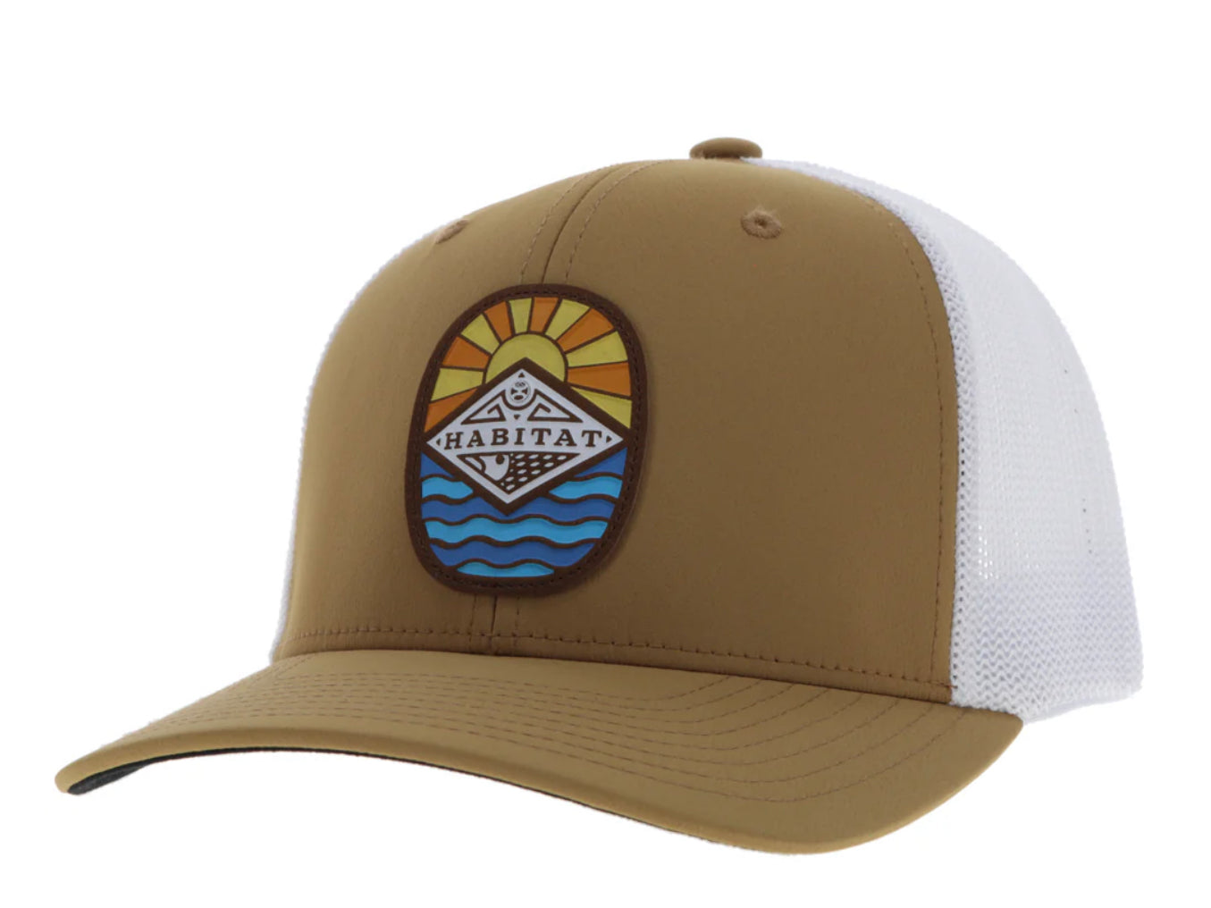 HOOEY HABITAT TAN/WHITE 6 PANEL TRUCKER WITH MULTI COLOR OCEAN AND SUN LOGO PATCH
