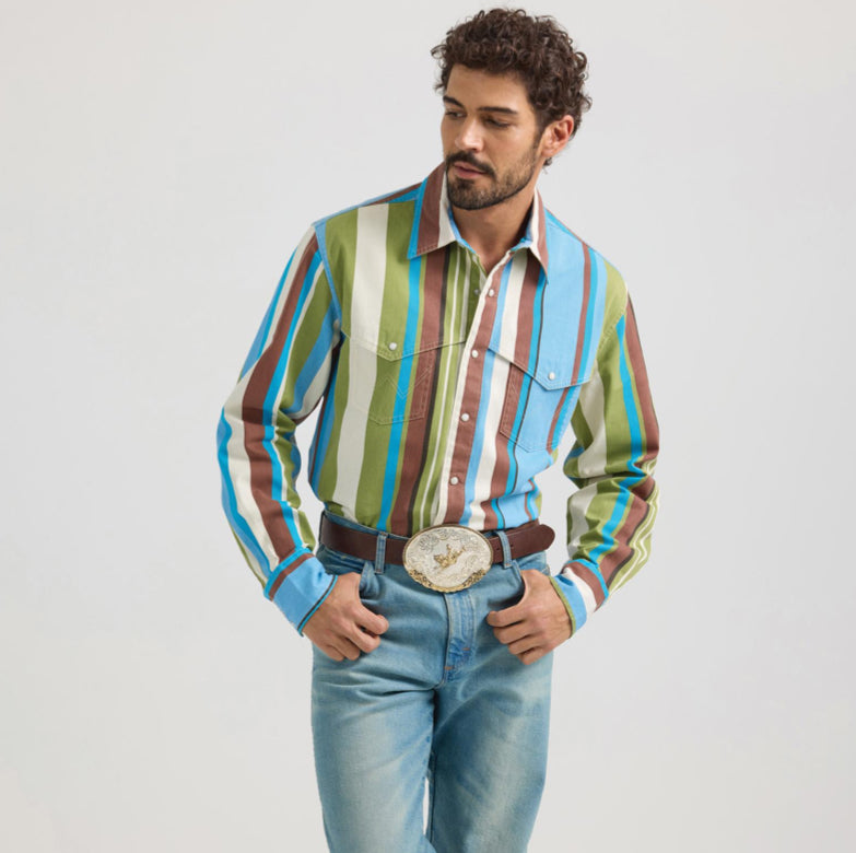 WRANGLER MENS VINTAGE INSPIRED LONG SLEEVE BRUSHPOPPER SNAP SHIRT