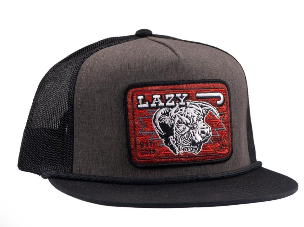 LAZY J RANCH CHARCOAL GREY & BLACK RED COWPOKE CLASSIC FIVE PANEL TRUCKER HAT