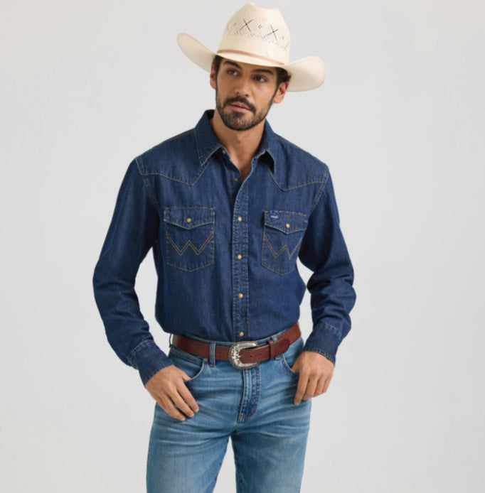WRANGLER MENS DENIM LONG SLEEVE SHIRT IN VARIOUS WASHES