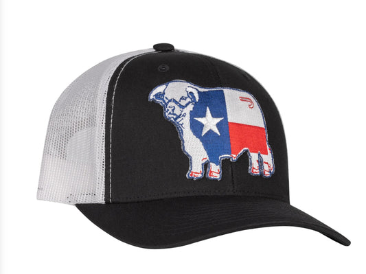 LAZY J RANCH BLACK & WHITE TEXAS BULL MID PROFILE TRUCKER HAT