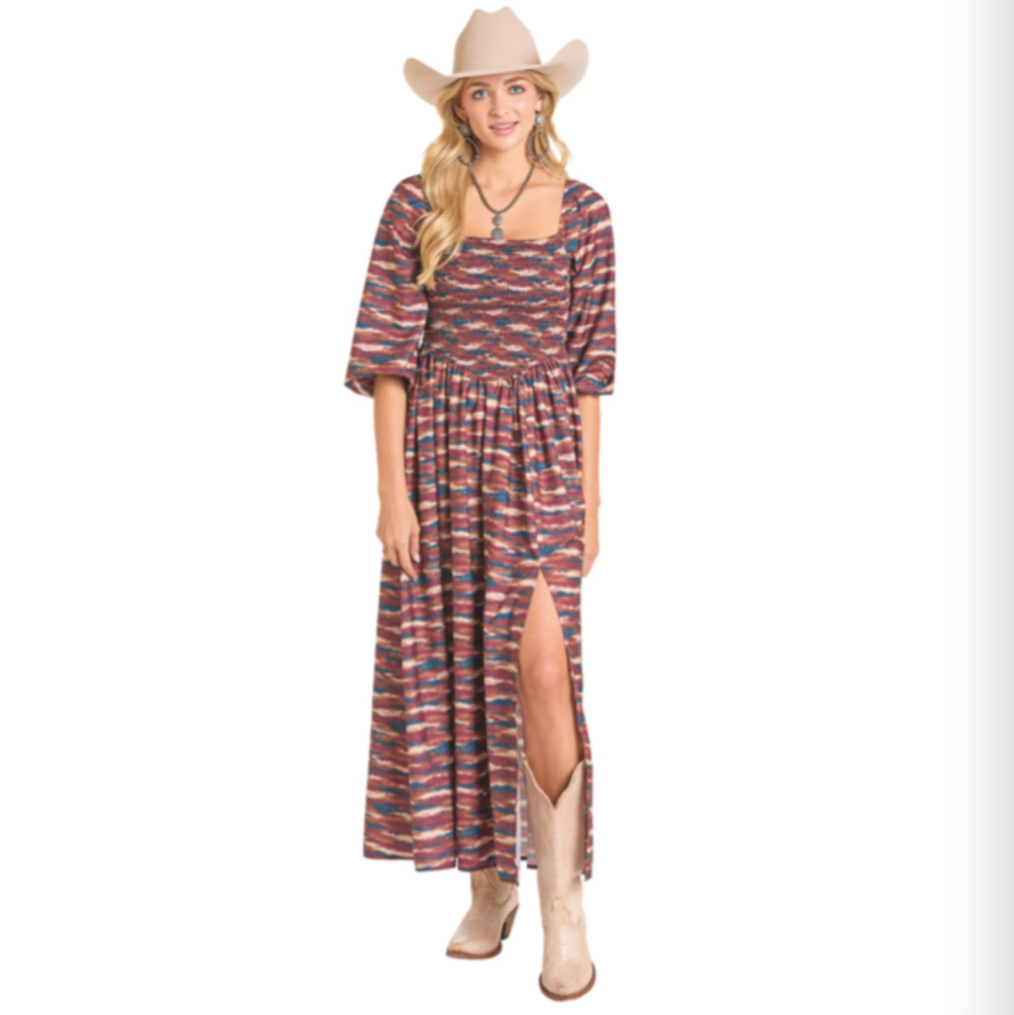 ROCK AND ROLL DENIM SMOCKED MIDI DRESS WITH SLIT