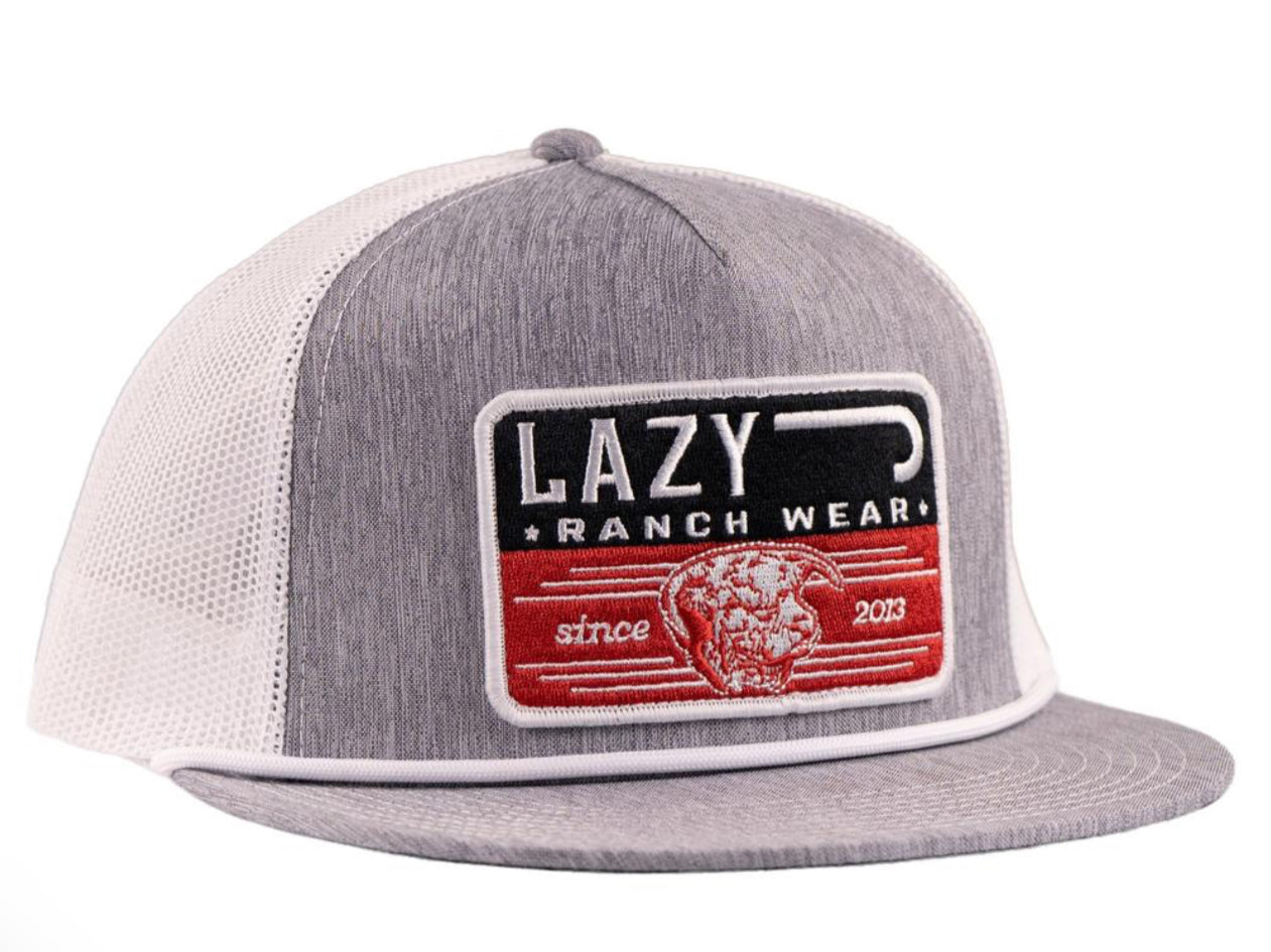 LAZY J RANCH HEATHER GREY & WHITE RED PRODUCER CLASSIC ROPE TRUCKER HAT