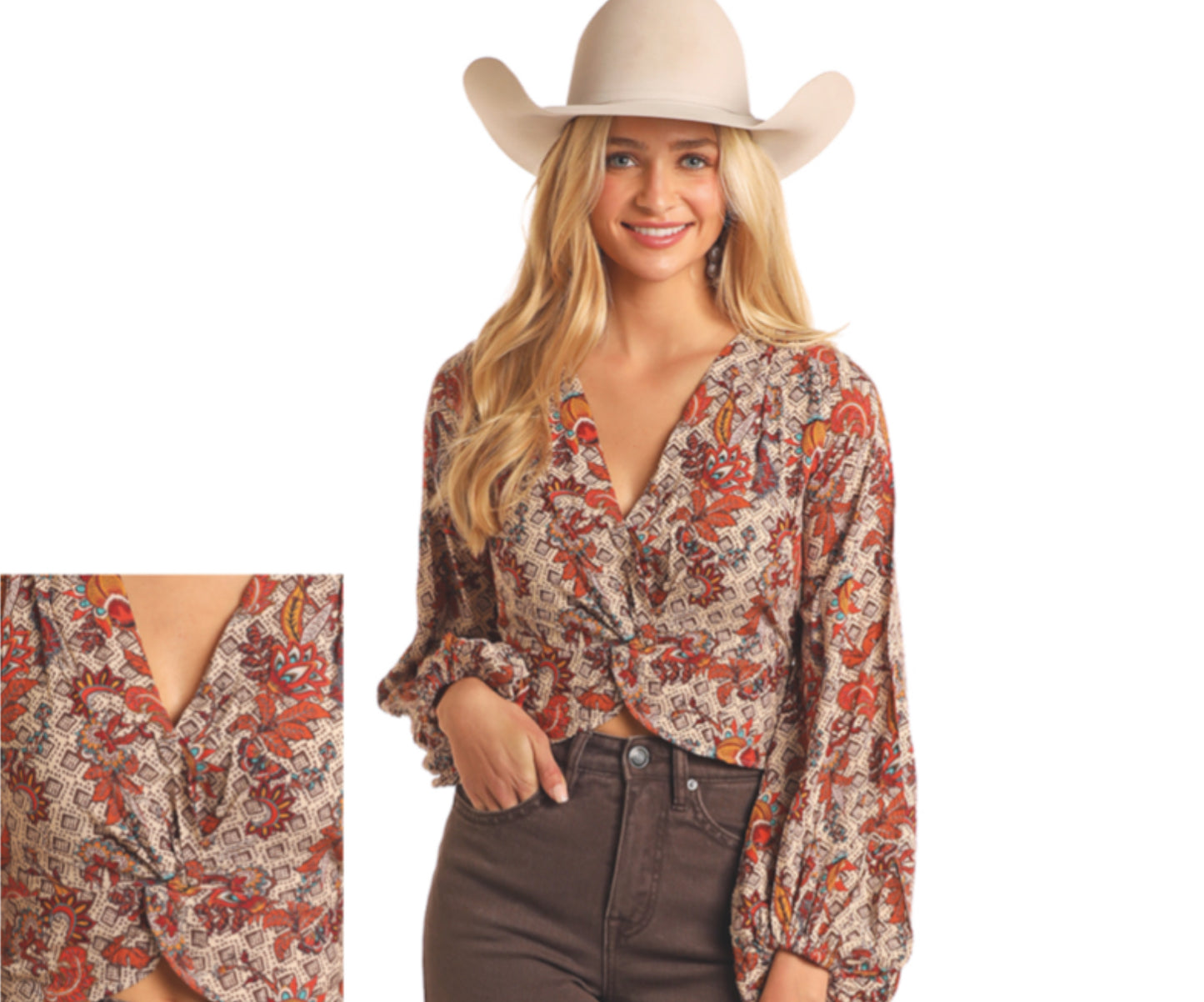 ROCK & ROLL DENIM KNOTTED FLORAL BLOUSE