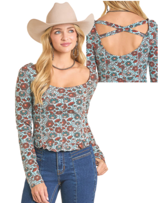 ROCK & ROLL DENIM FLORAL PRINT JERSEY TOP