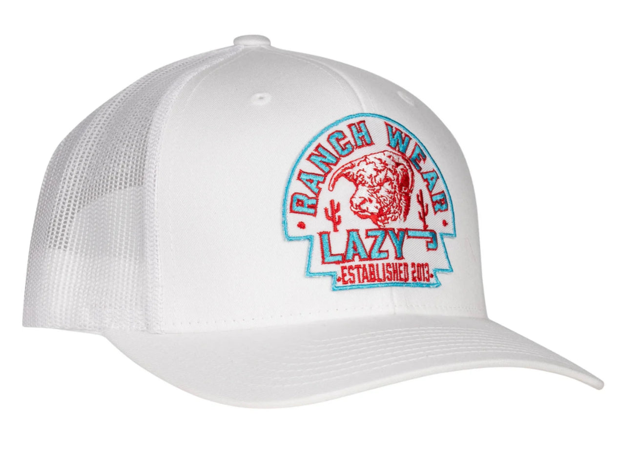 LAZY J RANCH WHITE RED TURQUOISE ARROWHEAD MID PROFILE TRUCKER HAT