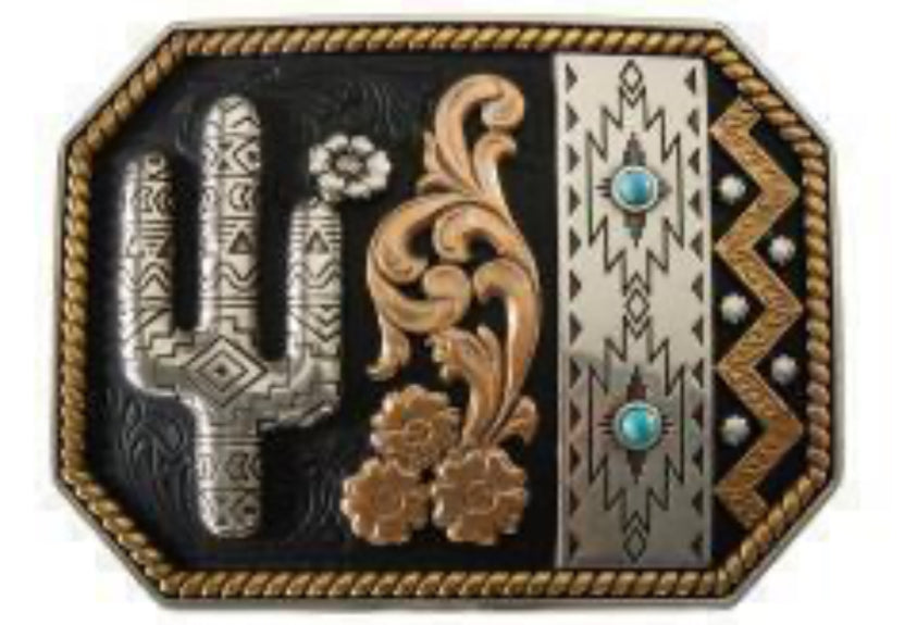 BLAZIN ROXX CACTUS AND AZTEC BELT BUCKLE WITH BLACK BACKGROUND AND TURQUOISE ACCENTS