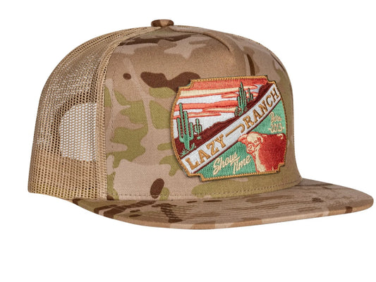 LAZY J RNCH CAMO & TAN DESERT SHOWTIME CLASSIC FIVE PANEL TRUCKER HAT