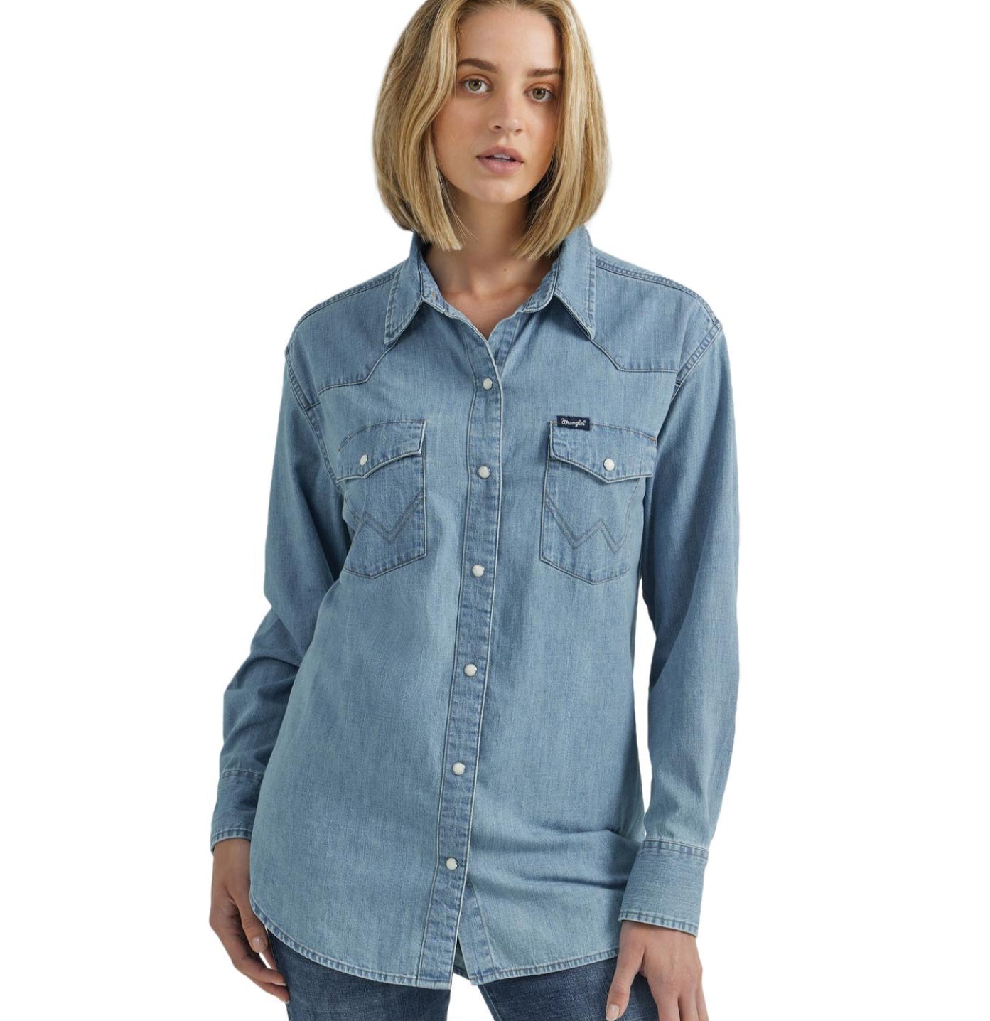 WRANGLER WOMENS RETRO DENIM SNAP BUCK ART LONG SLEEVE SHIRT
