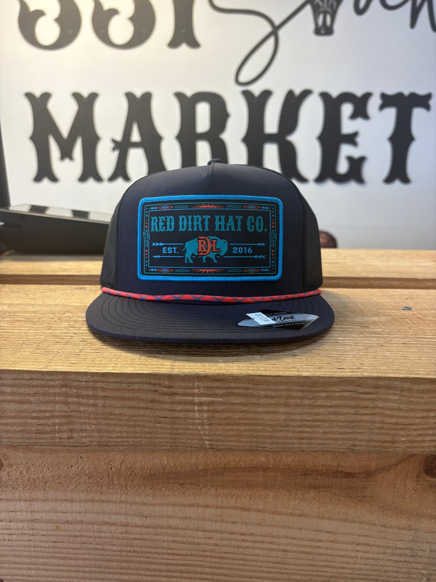 RED DIRT HAT CO TARNATION BLACK/BLACK ORANGE MULTI ROPE 5 PANEL HAT