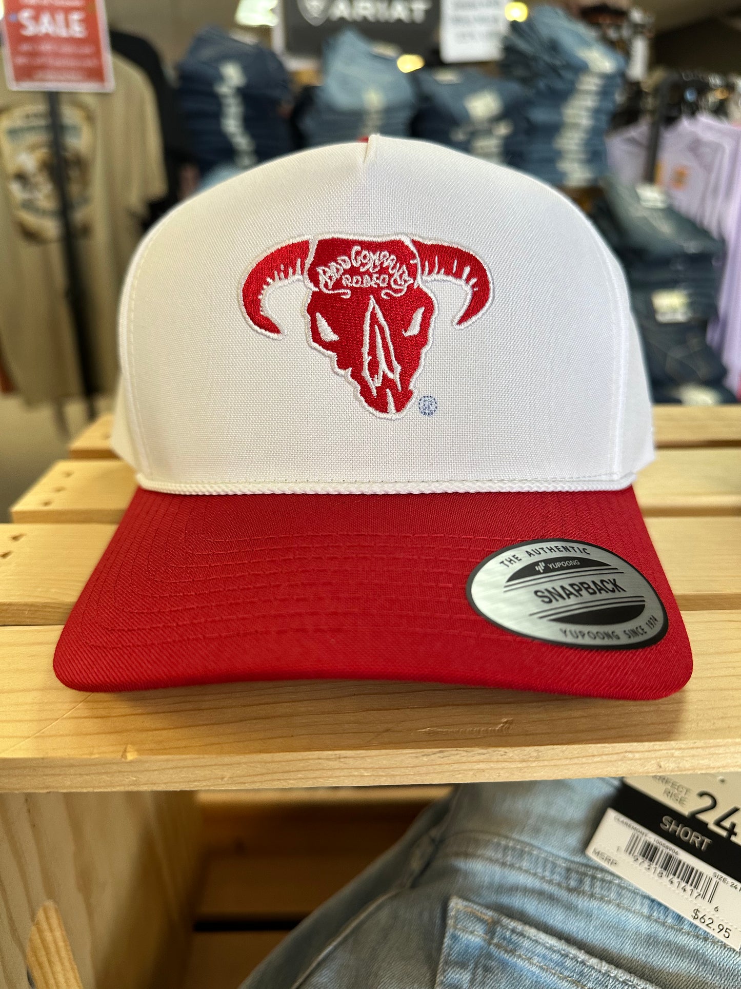 BAD COMPANY WHITE 5 PANEL TRUCKER WITH RED BILL AND RED EMBROIDERY LOGO