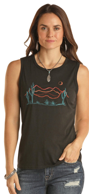 ROCK&ROLL EMBROIDERED RAW EDGE TANK BLACK PANHANDLE