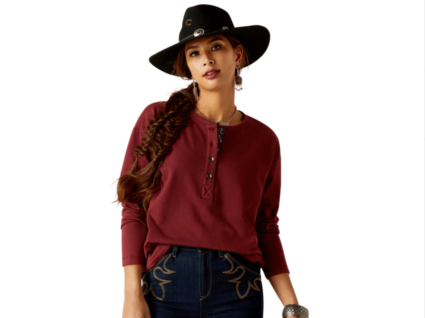 ARIAT WOMENS TERRY HENLEY SWEATSHIRT IN VARIOUS COLORS