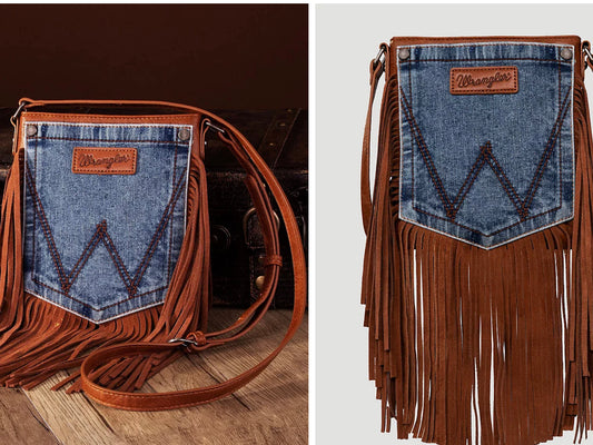 WRANGLER LEATHER FRINGE JEAN DENIM POCKET CROSSBODY