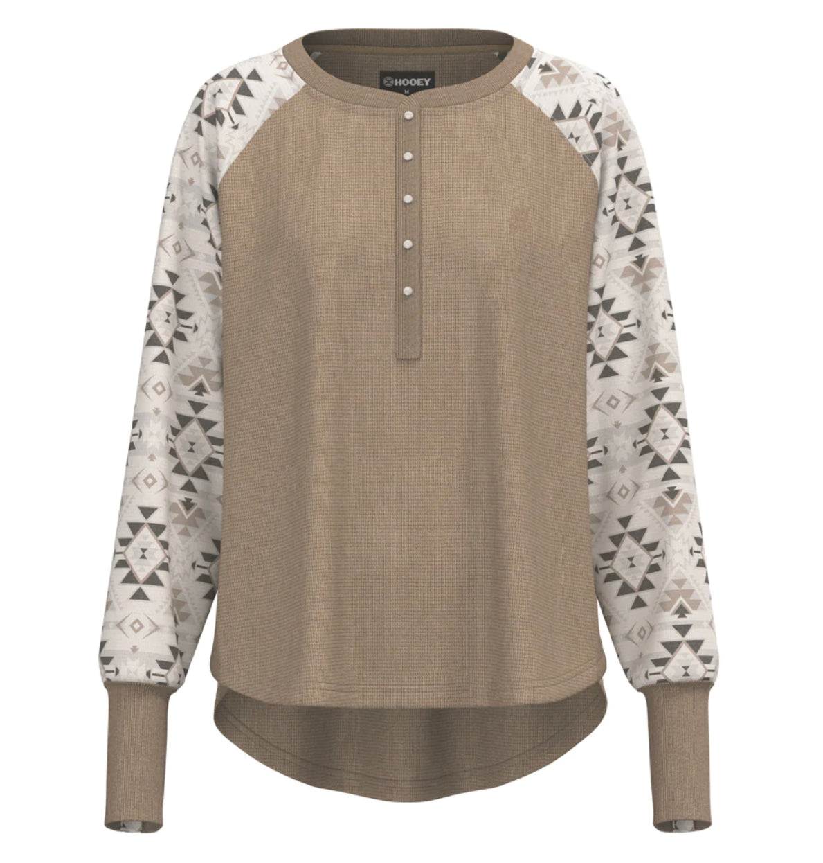 HOOEY LADIES THERMAL HENLEY TAN LONG SLEEVE HENLEY T-SHIRT WITH AZTEC PATTERN ON SLEEVES