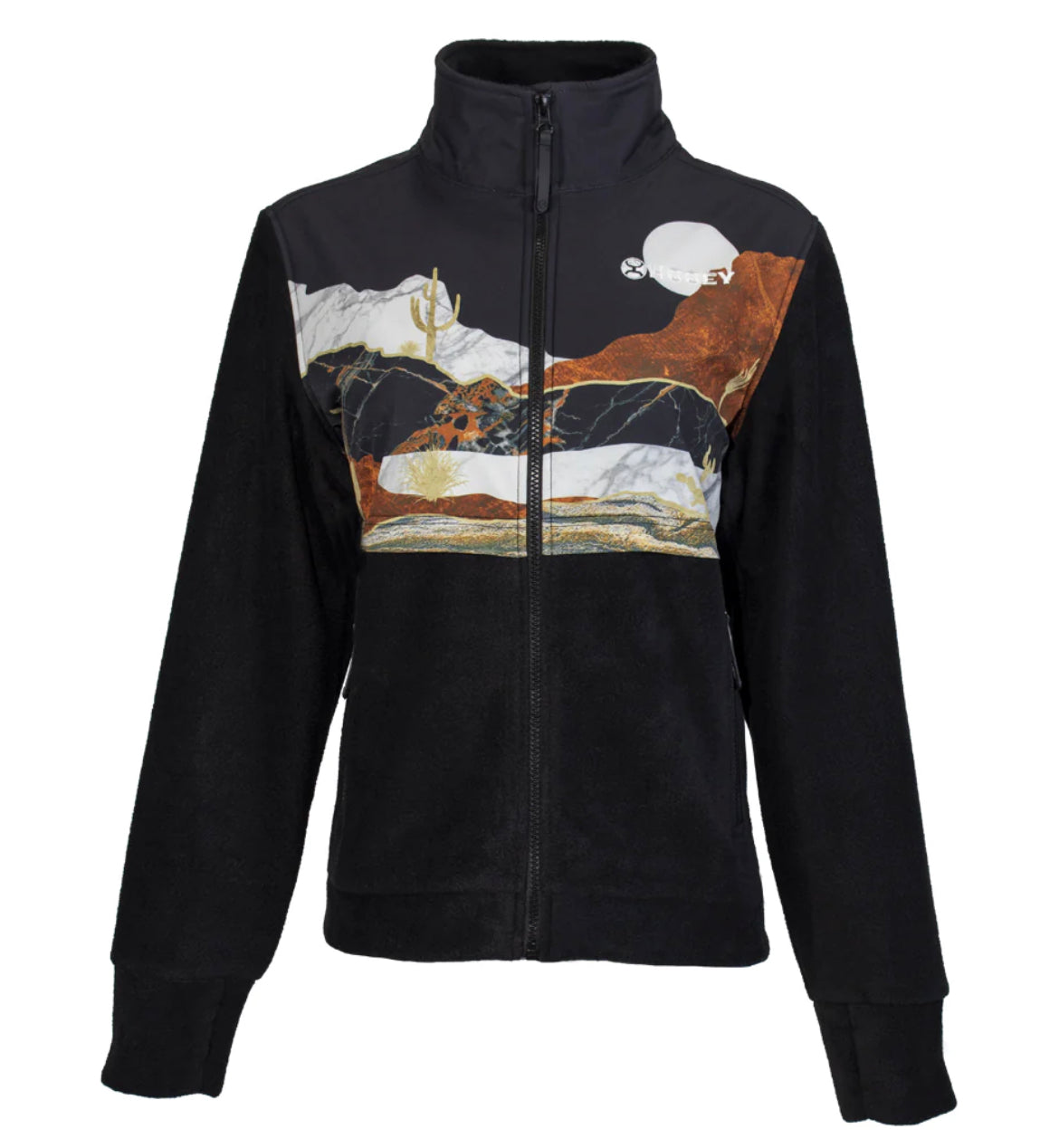 HOOEY LADIES TECH FLEECE MULTI COLOR LANDSCAPE PATTERN FULL ZIP WITH BLACK FLEECE