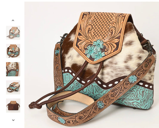 AMERICAN DARLING COWTAG SHAPED HAIR ON AND HAND TOOLED LEATHER PURSE