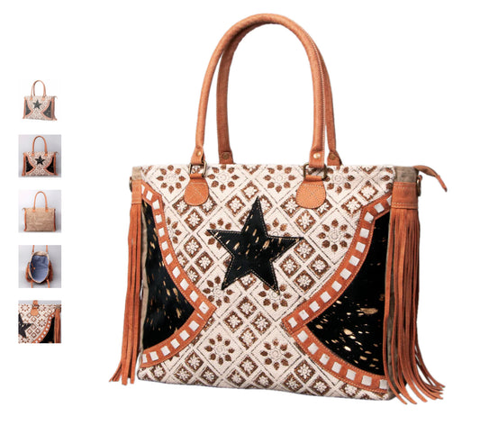 AMERICAN DARLING WEEKENDER ACID WASH REAL COWHIDE LEATHER AND UPCYCLED CANVAS LADIES BAG